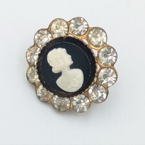 Vintage small dainty signed Coro faux cameo and rhinestone brooch pin